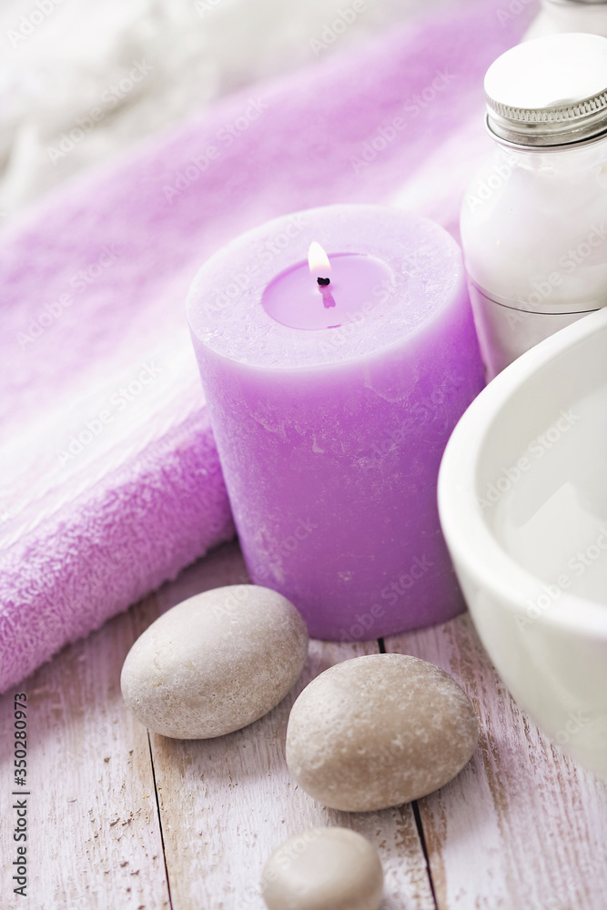 SPA products with essential oils and lavender flowers