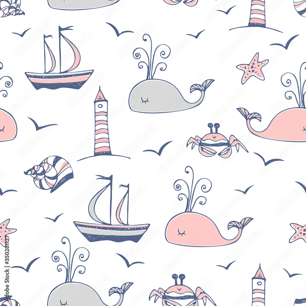 Naklejka premium Seamless pattern on a marine theme with ships and whales. Vector.