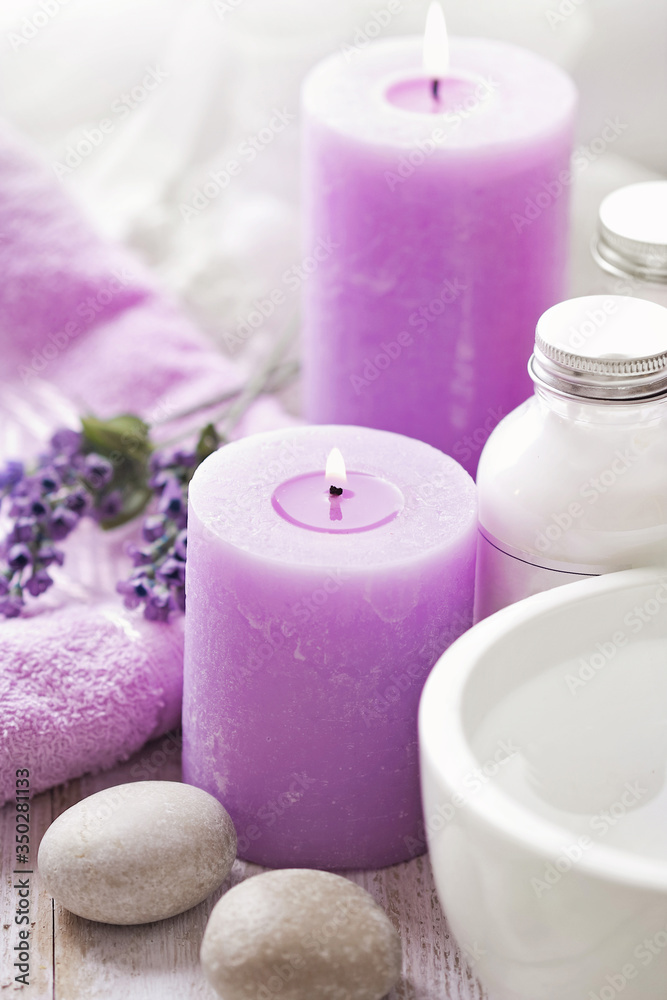 SPA products with essential oils and lavender flowers