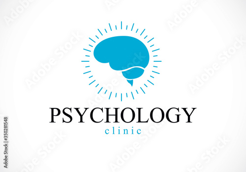 Human anatomical brain, mental health psychology conceptual logo or icon, psychoanalysis and psychotherapy concept. Vector simple classic design.