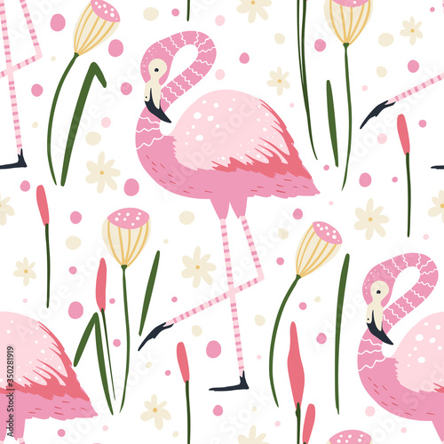 Flamingo bird vector seamless pattern. Cartoon tropical summer background with pink exotic jungle animal, tropic palm and flowers. Kid illustration.