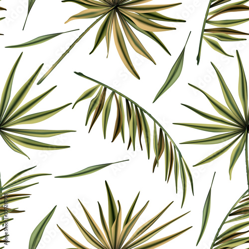Realistic colorful tropical palm leaves vector seamless pattern. Jungle botanical summer background. Exotic green nature wallpaper.