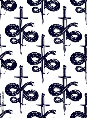 Seamless snakes pattern in vintage drawing style, dangerous poisoned reptiles vector background, endless tiling wallpaper, subculture rock n roll and hard rock theme.