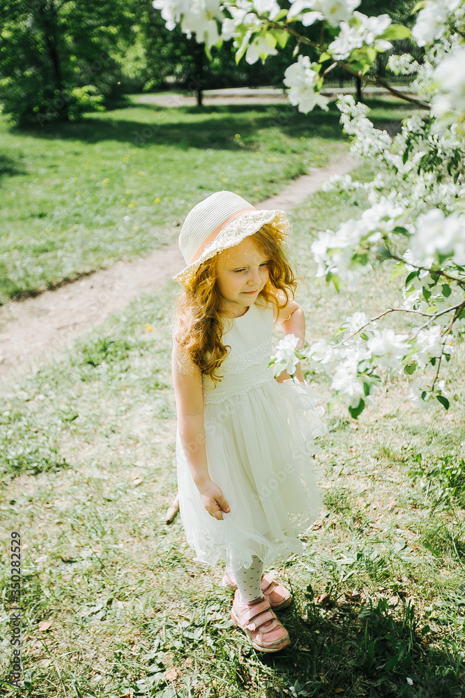 Obraz premium portrait of a little red-haired girl in Apple trees