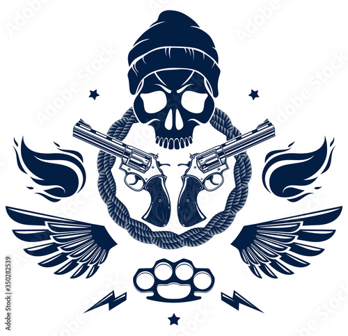 Anarchy and Chaos aggressive emblem or logo with wicked skull, weapons and different design elements , vector vintage scull tattoo, rebel gangster criminal and revolutionary.