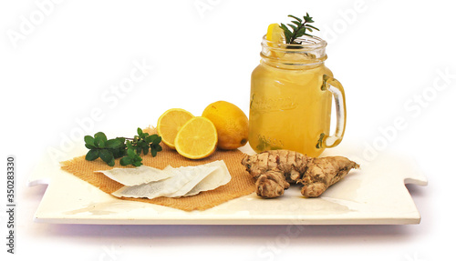 iced tea with lemon, mint and ginger white background