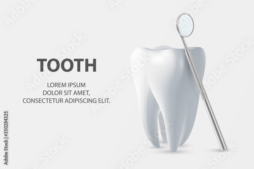 Dental Inspection Banner  Plackard. Vector 3d Realistic Dentist Mirror for Teeth with Tooth Icon Closeup on White Background. Medical Dentist Tool. Design Template. Dental Health Concept