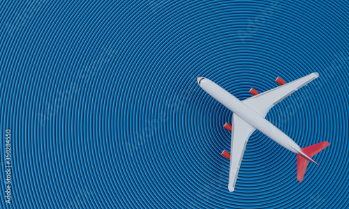 White plane, red stripe placed on a blue background that is shaped in a circular wave. 3D Rendering