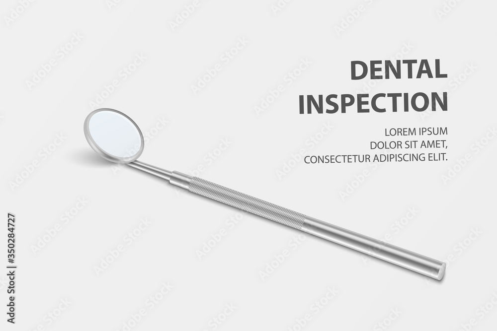 Dental Inspection Banner, Plackard. Vector 3d Realistic Dental Inspection Mirror for Teeth Closeup on White Background. Medical Dentist Tool. Design Template Dental Inspection Banner, Plackard. Vector 3d Realistic Dental Inspection Mirror for Teeth Closeup on White Background. Medical Dentist Tool. Design Template