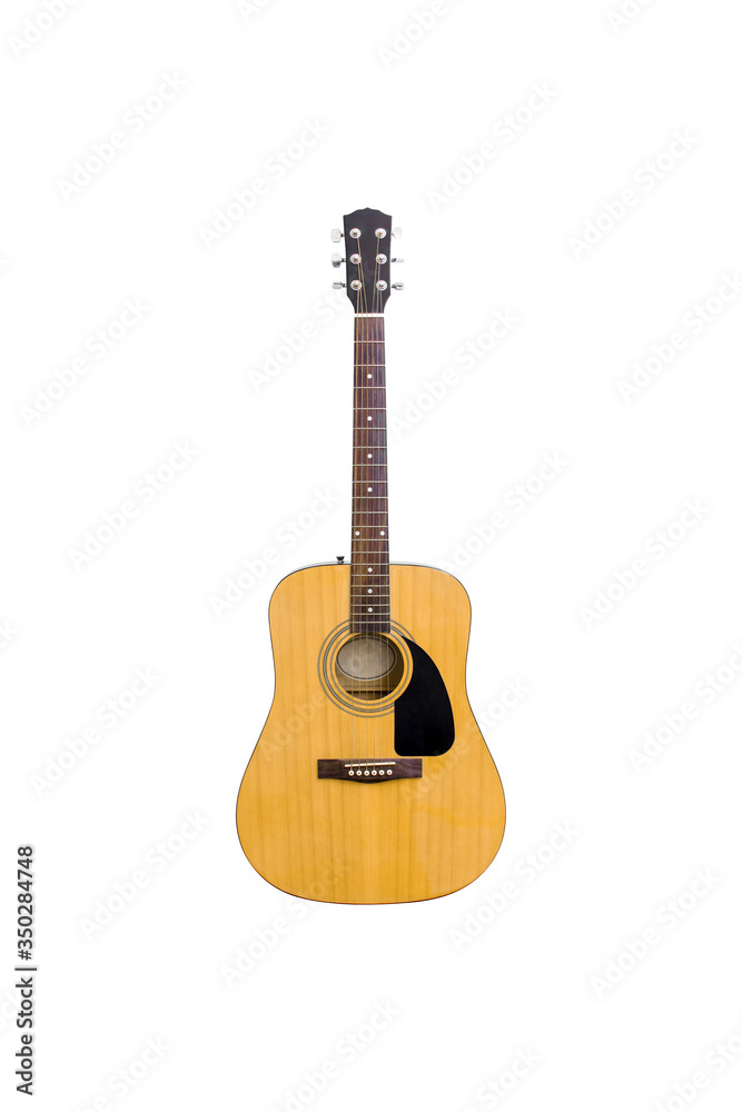 Close up of Guitar acoustic body isolated on a white color background,vertical image and clipping path.