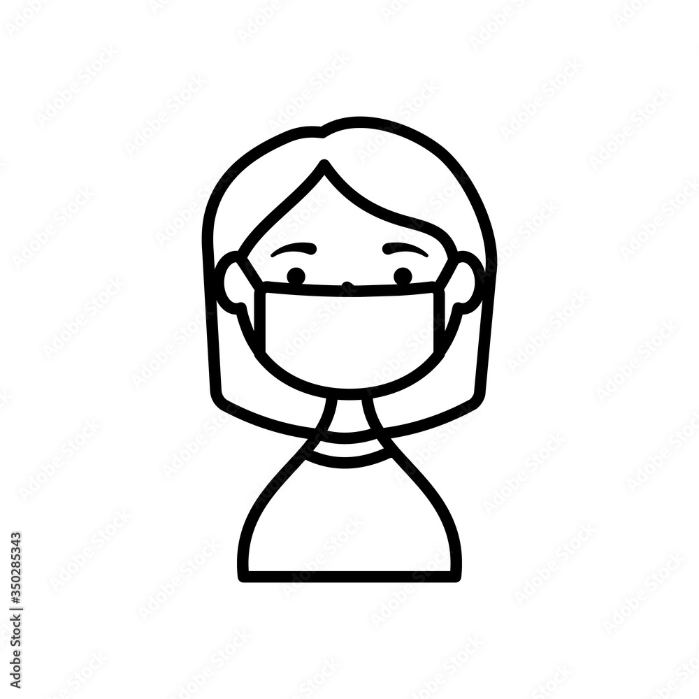 cartoon woman wearing mouth mask icon, line style