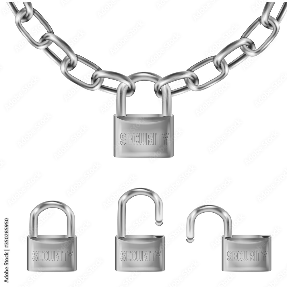 realistic silver lock on Metal chain links, open lock and open with the inscription security. Length of Chain Isolated on White Background realistic silver lock on Metal chain links, open lock and open with the inscription security. Length of Chain Isolated on White Background