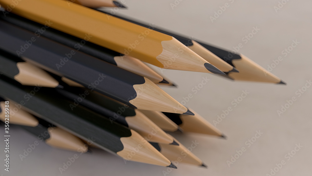 The pack of black and yellow wooden pencils on white paper with depth of field. 3d render. The pack of black and yellow wooden pencils on white paper with depth of field. 3d render.