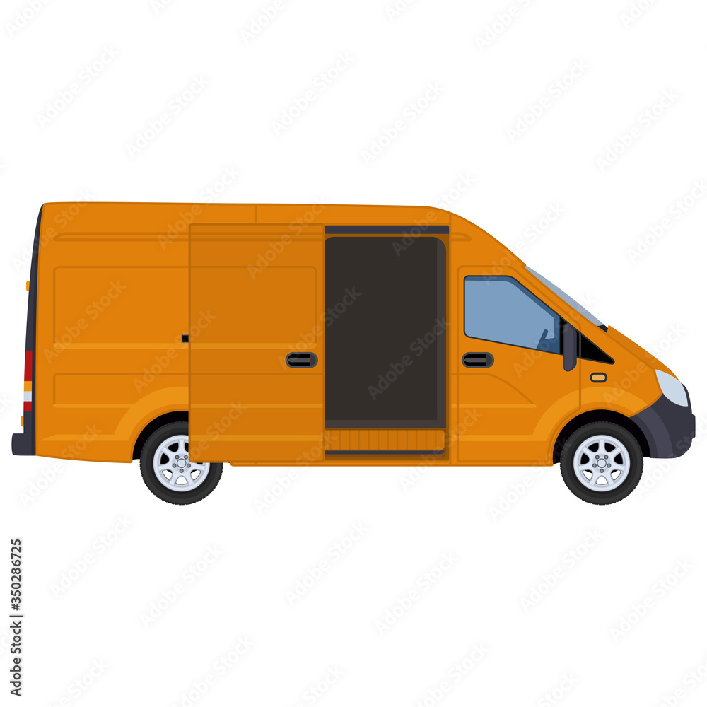 A yellow van with open side door. Concept for delivery service, cargo transportation, ambulance. Vector illustration.