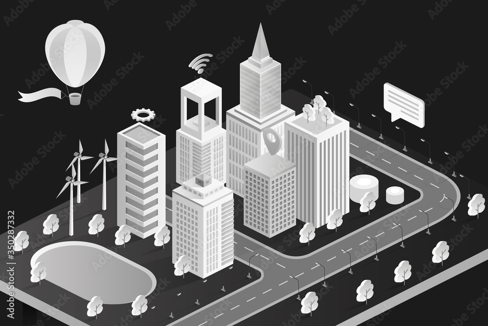Isometric city vector illustration. Black and white 3d cityscape background with modern bank hotel office buildings, town houses or home apartment, city park, street square downtown top view isometry