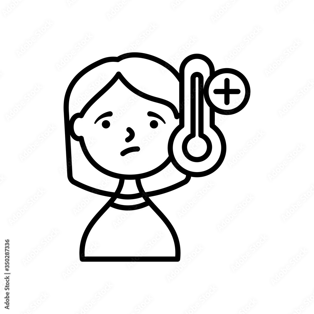 cartoon woman with fever icon, line style cartoon woman with fever icon, line style