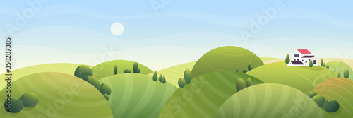Sunny summer rural landscape vector illustration. Cartoon comic flat farm house with red roof, stylized rounded farmland field on green grass half round hills. Countryside nature fantasy background