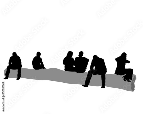 Men and women are sitting on a large log of a fallen tree. Isolated silhouette on a white background