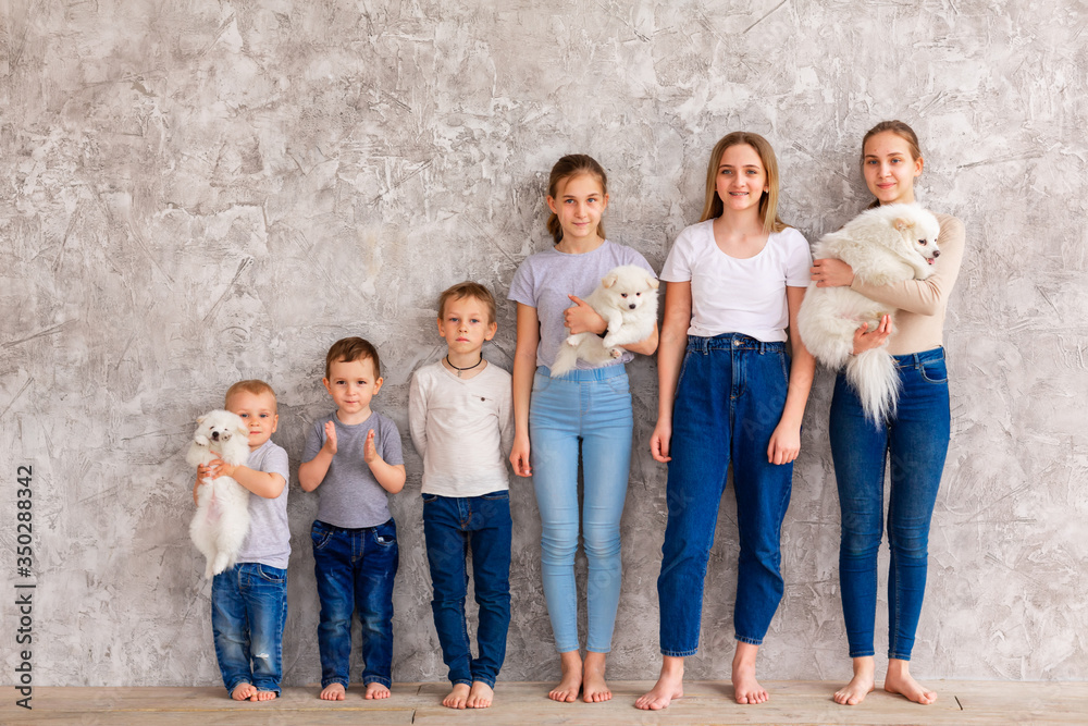 Obraz premium Happy children of different age with puppies standing in line