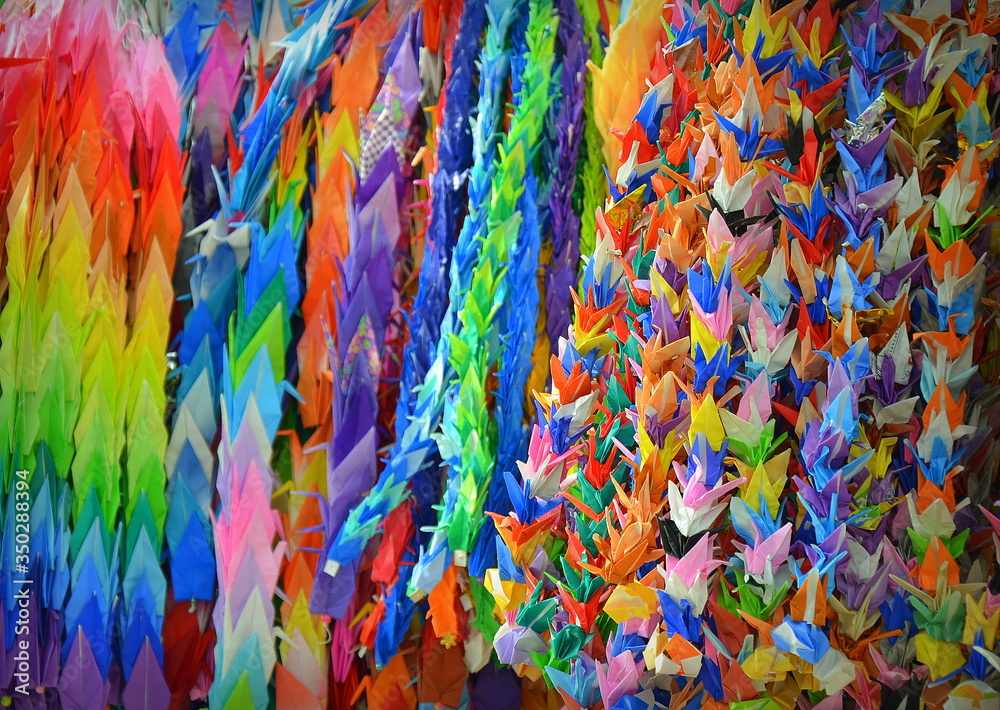 Hiroshima Peace Memorial Park. Paper cranes hanging outside of the Children's Peace Monument.They serve as a sign that the children who make them desire a world without nuclear war. 