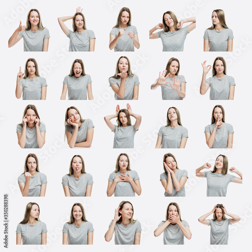 Set of images of a young girl with different emotions. On white background. Square. Collage. photo