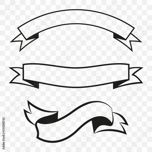 Set of black cutout ribbon banners on transparent background. Vector ribbon for stickers, banners, labels. Empty ribbons of various shapes.