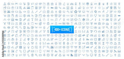 400 Line art set with icon set. Thin line. Social media, technology, seo, logistic, education, sport, medicine, travel, weather, construction, finance, contact us, music. Vector stock illustration.