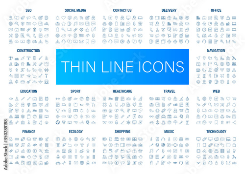 Line art set with icon set. Thin line. Social media, technology, seo, logistic, education, sport, medicine, travel, weather, construction, finance, contact us, music. Vector stock illustration.