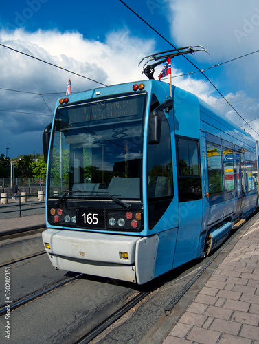 Blue city tram in Oslo, Norway
