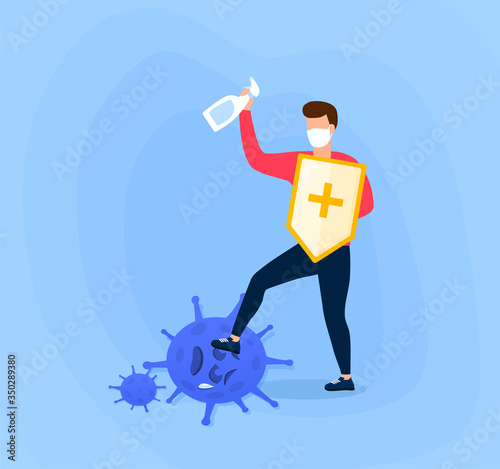 The warrior beats the coronavirus with an antiseptic. Coronavirus fight concept. People are struggling with covid 19. Vaccine concept. Funny flat vector illustration.