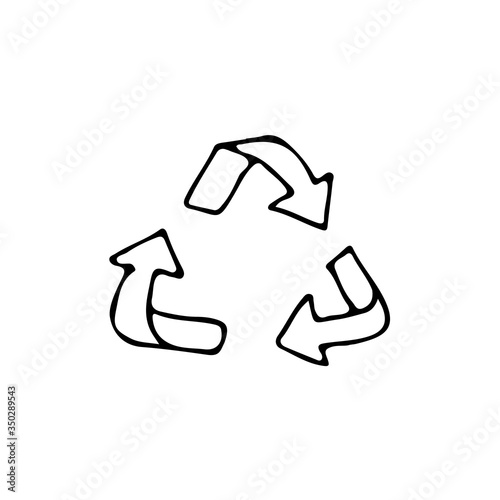 Doodle recycling icon in vector on white background. Hand drawn recycling icon