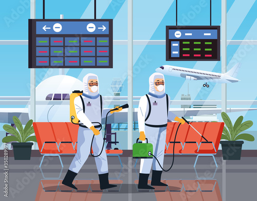 biosafety workers desinfect airport for covid19