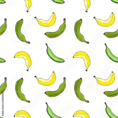 Seamless pattern with yellow bananas on white background.Marker illustration.