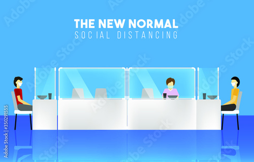 The New Norms and New normal  Social distancing measures with plastic dividers on the tables in restaurant Cafe Lifestyle After COVID-19  On Background Vector illustration