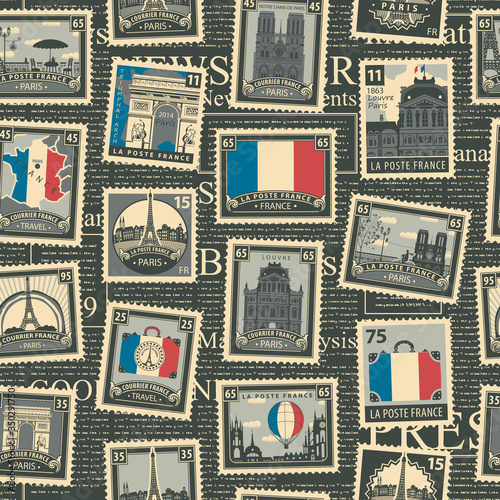 Vector seamless pattern with postage stamps on the France and Paris theme in retro style. French landmarks, map and flag on the background of black magazine page. Wallpaper, wrapping paper, fabric