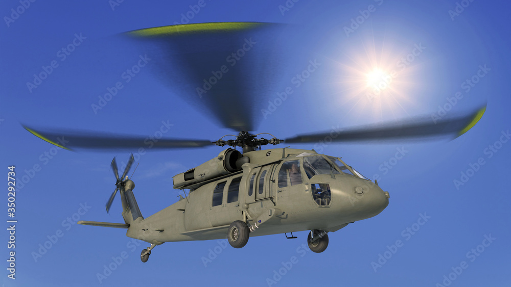 Helicopter in flight, military aircraft, army chopper flying in sky