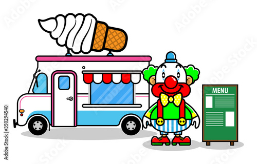 A man with Clown costume vending an ice cream with ice cream food trucks and shows a menu board Cartoon Vector