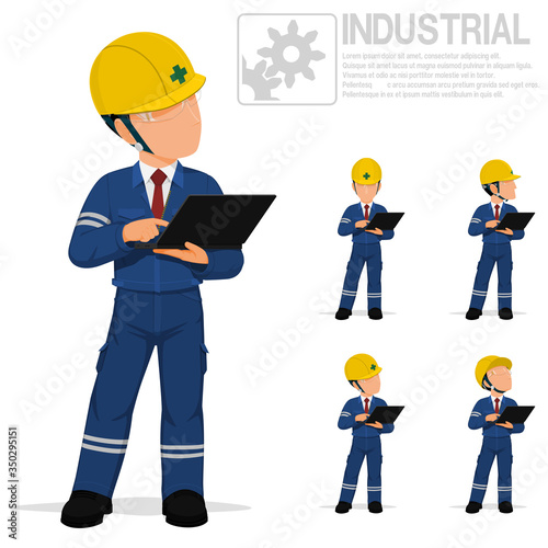 Set of industrial worker with laptop on white background