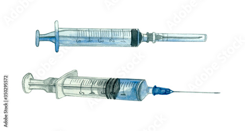 Set with syringes. Watercolor drawing. Isolated on a white background. Stock illustration