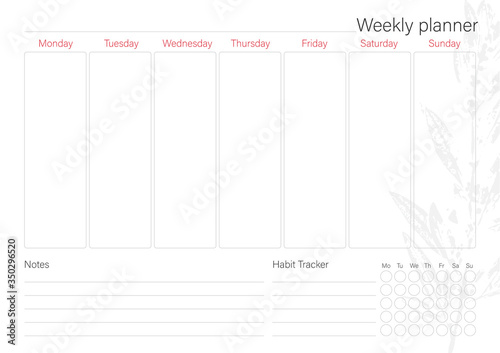 White weekly planner with minimalistic  leaf design