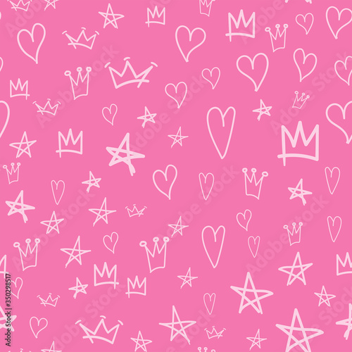 Seamless pattern with hearts, crowns and stars drawn by hand. Doodle, sketch, scribble. Cute vector illustration.