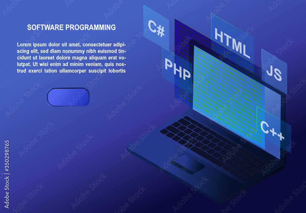 Software development and programming concept.  Program code on laptop screen. Isometric vector illustration for landing page template.