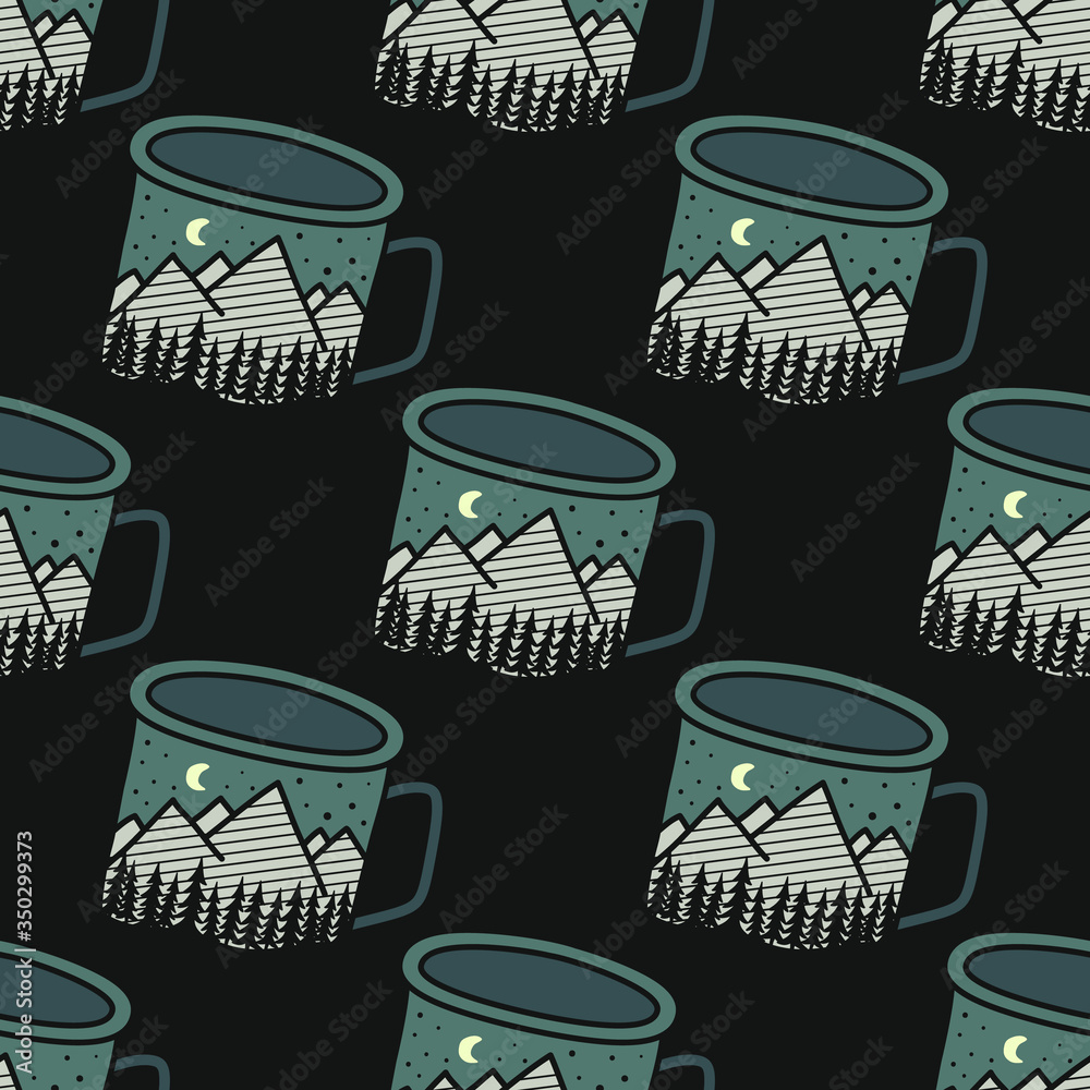 Fototapeta premium Vintage Hand drawn camping mug seamless pattern with adventure forest. Unusual Stock vector adventure background