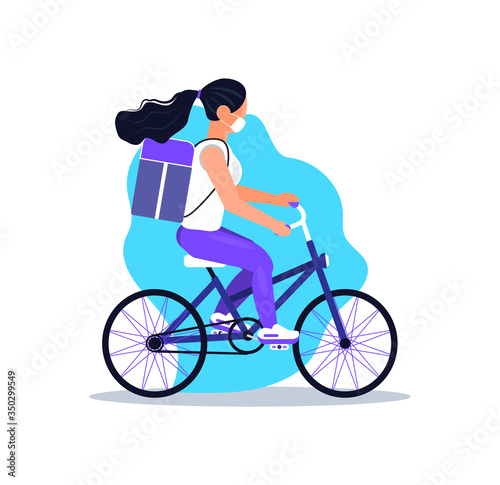 Safe, contactless delivery service door to door. Food delivery and online order concept vector for app. Girl is riding bicycle with restaurant meal. Pizza courier wearing mask.