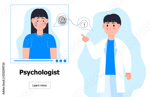 Online psychologist concept vector. Young depressive human receives professional psychology consultation. Depression, sadness, mental health illustration in flat style. online, help service