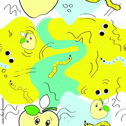 Seamless pattern. Abstract vector illustration. Cartoon apples  worms  eyes in bright blue and yellow colors.