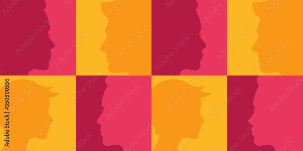 A puzzle with the image of female and male faces. Silhouettes of faces on parts of a puzzle. The concept of relations between people. Vector illustration.
