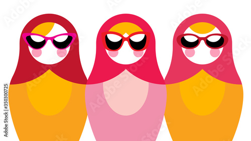 Russian nesting dolls in sunglasses. Original illustration of cute nesting dolls in flat style.