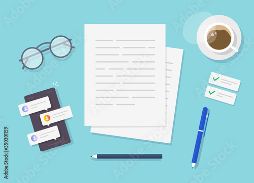 Writing text content vector on writer work desk table top view or creating essay document or book on workplace flat lay cartoon, illustrated author or editor space with pen, coffee cup modern image