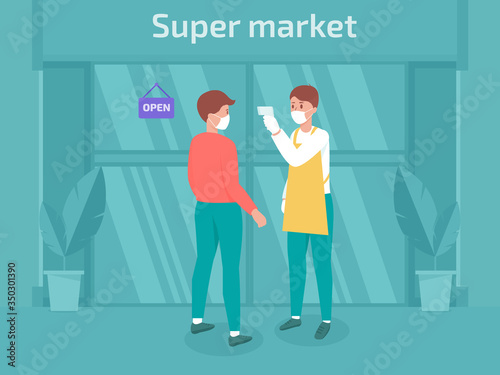The salesman put on a protective mask. Stand to measure the temperature of people before using the service in the supermarket , new normal concept. vector illustration flat design.